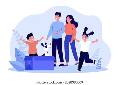 Happy family adopting cute dog sitting in cardboard box. Parents and kids smiling while looking at homeless puppy flat vector illustration. Family, pets, adoption concept for banner, website design