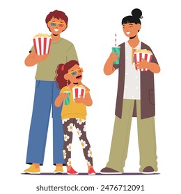 Happy Family Adults And Child Enjoying Movie Together At Cinema. Characters Wearing 3d Glasses Holding Popcorn And Drinks, Creating Fun, Happy, Relaxed Atmosphere. Cartoon People Vector Illustration