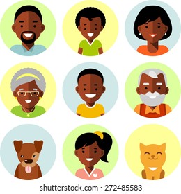 Happy family of african american ethnic people avatars icons and two pets isolated on white background in flat style