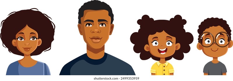 
Happy Family of African Descent, Vektorgrafik. Fröhliche Mutter, Vater und Nachwuchs lächeln in die Kamera
