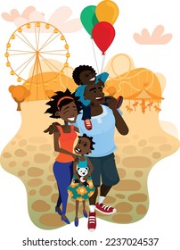 A happy family after a day at the amusement park. A happy couple. Their youngest son has got colorful balloons and the elder daughter has got a teddy bear. By Dust, they have spent a day of joy.