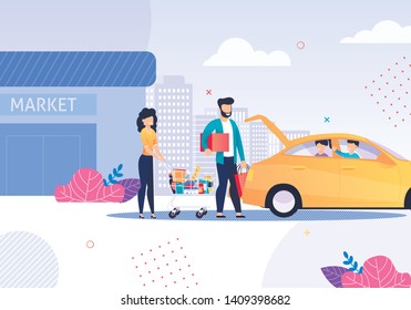 Happy Family after Shopping and Taxi Service Cartoon. Parents Loading Bags with Purchased Food and Goods in Car Trunk. Children in Automobile Cabin. Urban Street and Market. Vector Flat Illustration