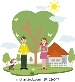 Happy family against a landscape and the house