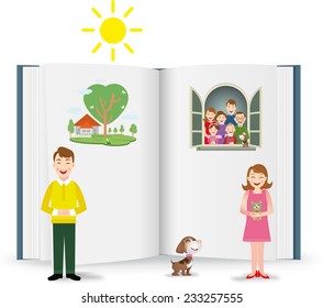 Happy family against a landscape and the house