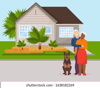 Happy Family Aged Elderly Senior Wife, Husband Standing In Front Of Private House Vector Illustration Flat. Man And Woman Hugging Couple With Dog Outside Home. Palm Trees.