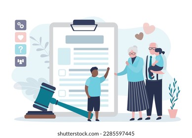 Happy family, aged parents with two multi ethnic children. Elderly couple with kids standing near adoption agreement. Adoption application and gavel. Adoption papers laid out ready for completion.