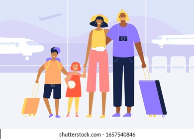 Happy family at the airport. Dad, mom, daughter and son are smiling and hugging. Vector illustration in flat design. 