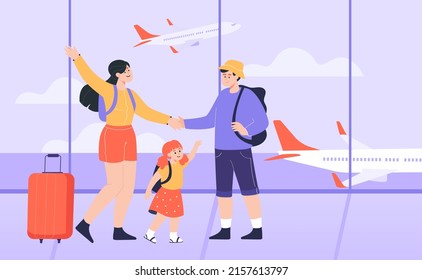 Happy Family In Airport Flat Vector Illustration. Asian Mother, Father And Daughter Travelling By Plane Or Aircraft, Waiting For Flight In Terminal, Carrying Luggage. Trip, Travel, Transport Concept