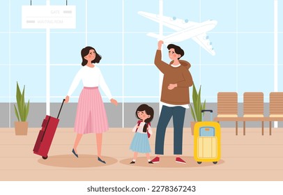 Happy family in airport. Man and woman with little girl traveling. Tourists on vacation in front of plane. People travelling by plane or aircraft, waiting for flight. Cartoon flat vector illustration