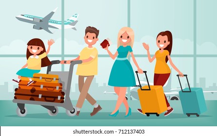 Happy family in airport terminal. Vector illustration in a flat style