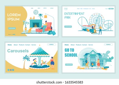 Happy Family Amusement and Education. Landing Page Set with Park Entertainment on Carousels and Attractions for Parents and Kids, Evening Rest, Time for School Flat Design. Vector Cartoon Illustration