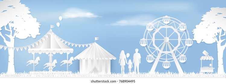 Happy Family in Amusement park with ferris wheel and carousel paper art style, paper cut background