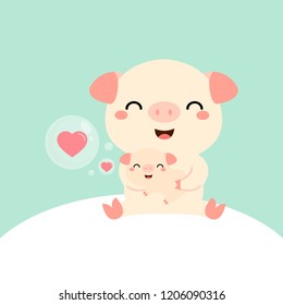 Happy family animal cartoon. Cute pig and baby.