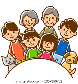 Happy family with arc. Grandparents, parents, children and pets. Vector illustration.
