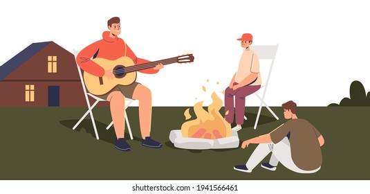 Happy Family Around Camp Fire On Backyard. Kids And Dad Singing Songs At Fire Outside House. Camping On Backyard Concept. Cartoon Flat Vector Illustration