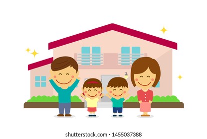 Happy family (asian) and new house. flat vector llustration (newly built house). 