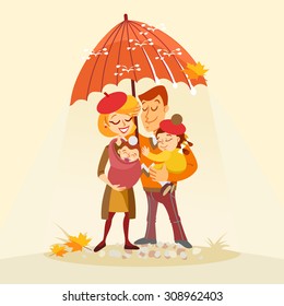 Happy Family In Autumn: Mum,daddy And Two Little Children Standing Under Big Umbrella. Vector Illustration