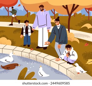 Happy family in autumn park. Parent and kids feeding ducks in pond. Mother, father and children resting outdoors in nature, grains for birds in fall holiday, weekend. Flat vector illustration