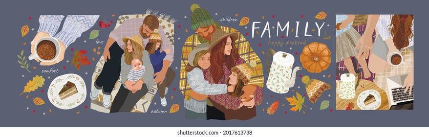 Happy family and autumn. Vector cozy illustrations of mother, father and children on a walk, at a picnic and at home. Drawings for a poster or a family day card