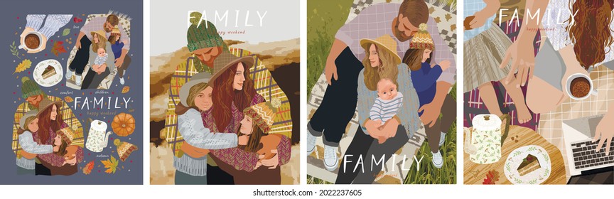 Happy family and autumn. Vector cozy illustrations of mother, father and children on a walk, at a picnic and at home. Drawings for a poster or a family day card
