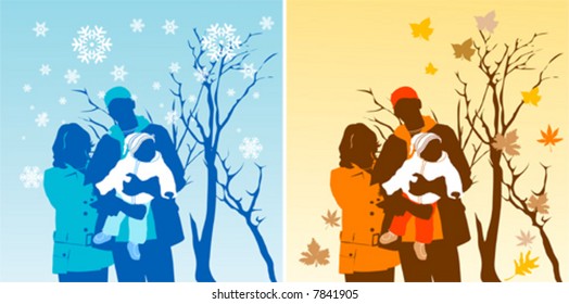 Happy family, autumn, winter, vector illustration.
