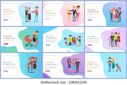 Happy family with baby carriage, children and parents giving present to relatives. Web page decorated by mother and father with daughter and son vector