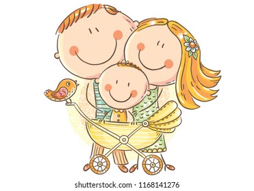 Happy family with a baby in a baby carriage, vector illustration