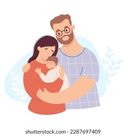 Feliz familia con el bebé. Una pareja adulta con hijos. Ilustración vectorial en estilo plano.