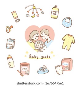 Happy family and baby goods illustration set