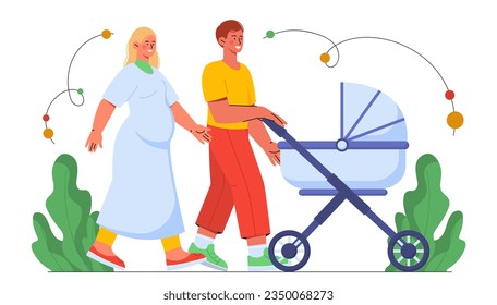 Happy family with baby stroller concept. Man and pregnant woman walking in park. Husband and wife expecting baby, future parents. Parenthood and childhood. Cartoon flat vector illustration