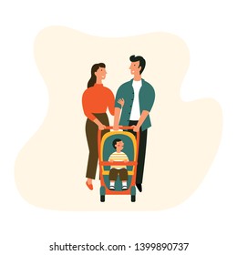 Happy family with baby stroller. Man, woman and a child together on a walk. Smiling cartoon characters. Vector flat illustration.