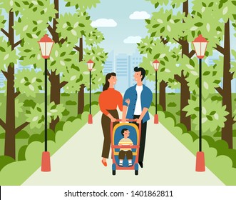Happy family with baby stroller in the park. Man, woman and child walk along the alley in the city garden. Green trees, lanterns, smiling parents and son. Flat vector cartoon illustration.
