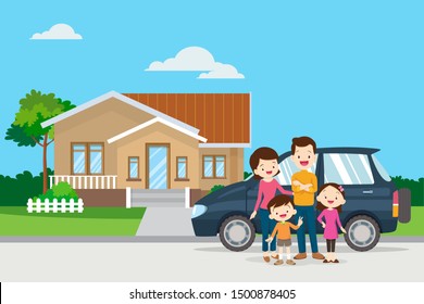 Happy family in the background of his home and car.Happy family in the background of his home. Father, mother, son and daughter together outdoors.Family standing outside new home. People moving house.