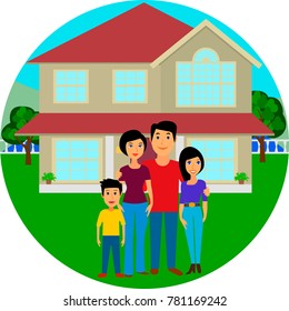 Happy family in the background of his home. Father, mother, son and daughter together outdoors. Vector illustrations in the flat style. Isolated.