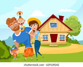 Happy Family In The Background Of His Summer Cottage. Father, Mother, Son And Daughter Together Outdoors. Vector Illustration