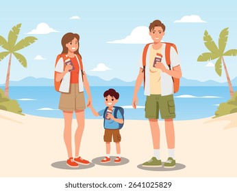 Happy family with backpacks holding passports, standing on the beach, ready for vacation travel. Summer holiday concept with tropical background and blue ocean.