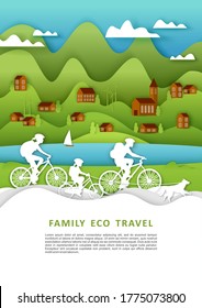 Happy family with backpacks riding bicycles, vector illustration in paper art style. Family eco bike travel, outdoor adventure, biking tourism poster banner template.