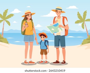Happy family with backpacks to travel and exploring the beach. Parents holding map and passport, child smiling on the trip. Summer vacation and tropical travel concept illustration.