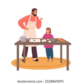 Happy family baking Christmas gingerbread together. Parent and child cooking at the kitchen table. Father teaches his daughter making cookies. Flat isolated vector illustration on white background