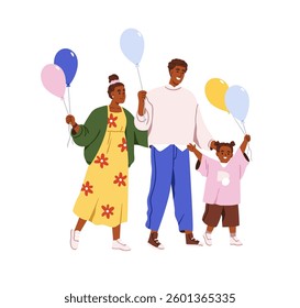 Happy family with balloons. Parents and kid walking together, smiling, holding festive baloons. Mother, father, child celebrating holiday. Flat graphic vector illustration isolated on white background