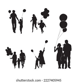 Happy family with balloons silhouettes, Family holdings balloons silhouettes.