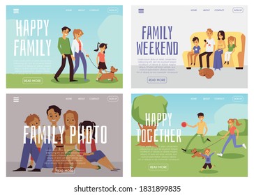 Happy family banner set - vector illustration of cartoon parents and children playing with pet dog and spending time together in summer nature or at home.