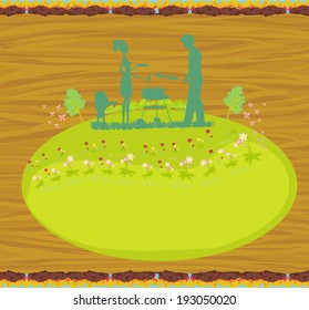 Happy family with barbecue - abstract card