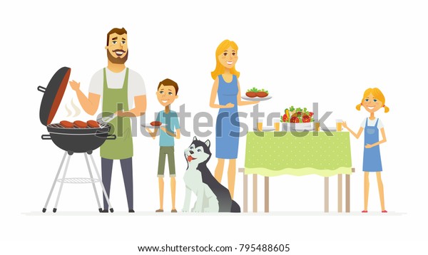 バーベキューで幸せな家族 白い背景に現代の漫画の人々のキャラクターイラスト 焼き肉を作る夫と 食べ物を提供する母親 親を助ける子どもの画像 のベクター画像素材 ロイヤリティフリー