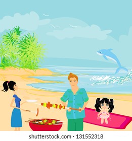  Happy family with barbecue outdoors