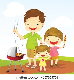 Happy Family with barbecue outdoors