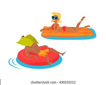 Happy family bathing in the sea. Man lies on an inflatable circle. Woman floating on a mattress in the sea. Happiness, holiday and cheerful swimming people, vector illustration