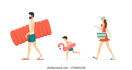 Happy family with a beach items go to the beach or pool. Funny boy, man and woman isolated on white background. Illustration in flat cartoon style can be used for summer design, poster, card, banner