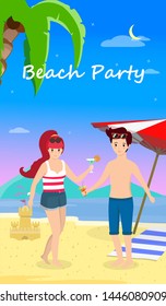 Happy Family at Beach Party. Smiling Man and Woman Stand Enjoy Cocktail on Seaside Background with Dolphins, Palms, Umbrella and Sand Castle. Honeymoon Trip Cartoon Flat Vector Illustration, Banner