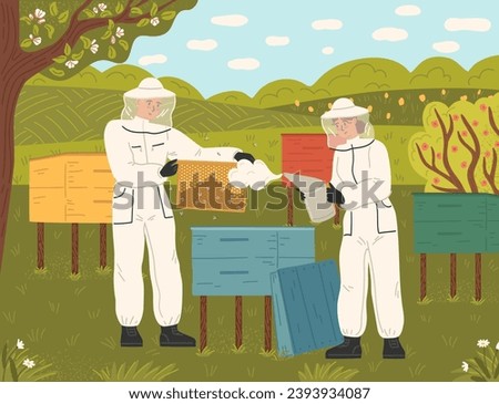 Happy family of beekeeper in uniform working at apiary farm scene